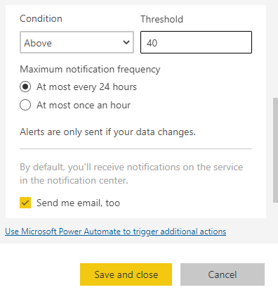 Screenshot showing the Manage alerts window. The Condition box is set to Above, the Threshold box contains 40, and the email check box is selected.
