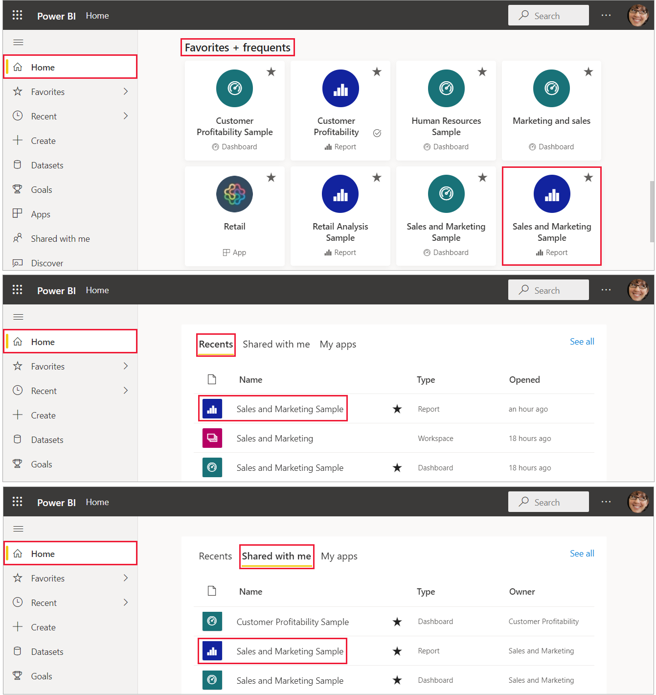 Screenshot showing the Power BI service Home canvas with arrows pointing to reports.