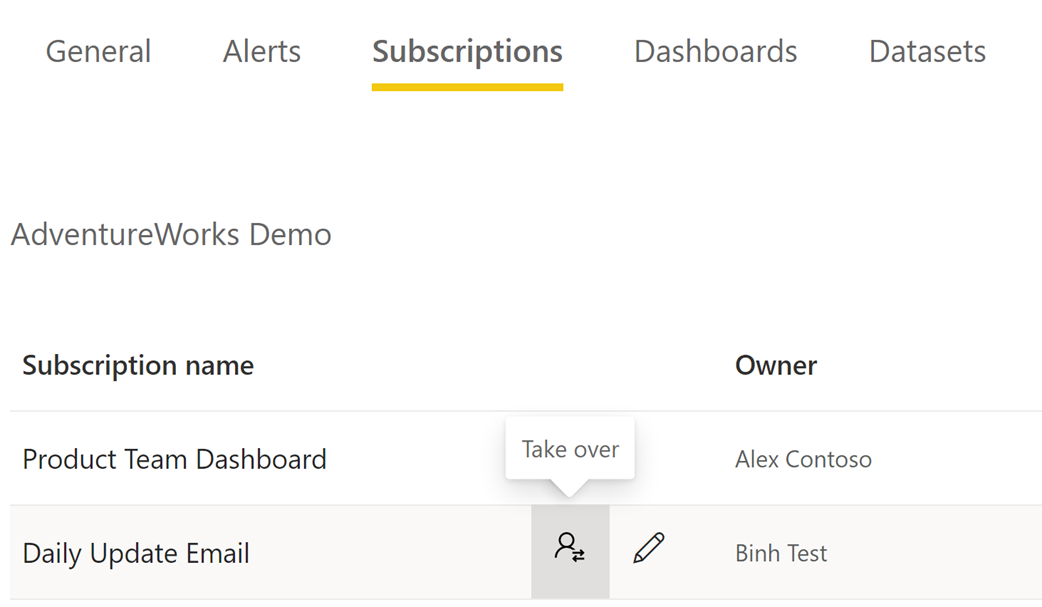 Screenshot showing a list of subscriptions with the take over icon selected.
