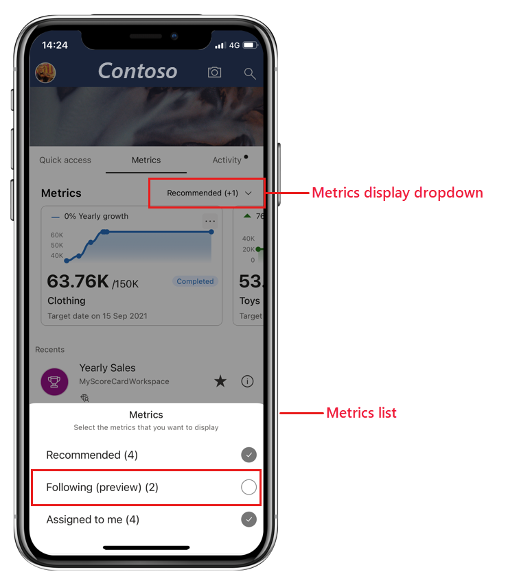Screenshot showing how to display followed metrics in the Power B I mobile app's Metrics tab.