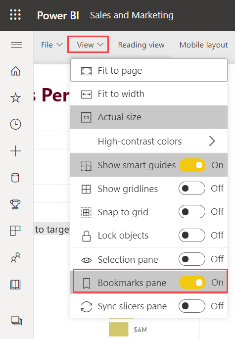 Screenshot showing how to turn on the Bookmarks pane in the Power B I service.