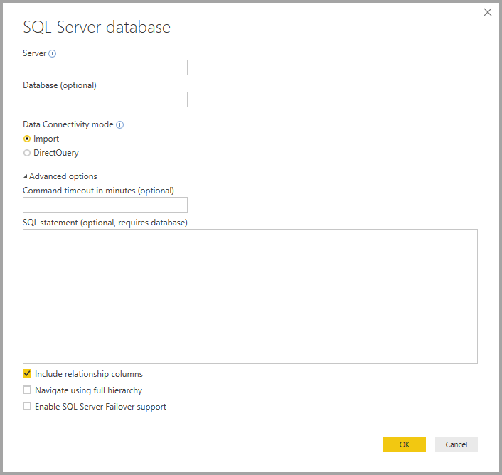 Screenshot of Power B I Desktop showing S Q L Server Database dialog box.