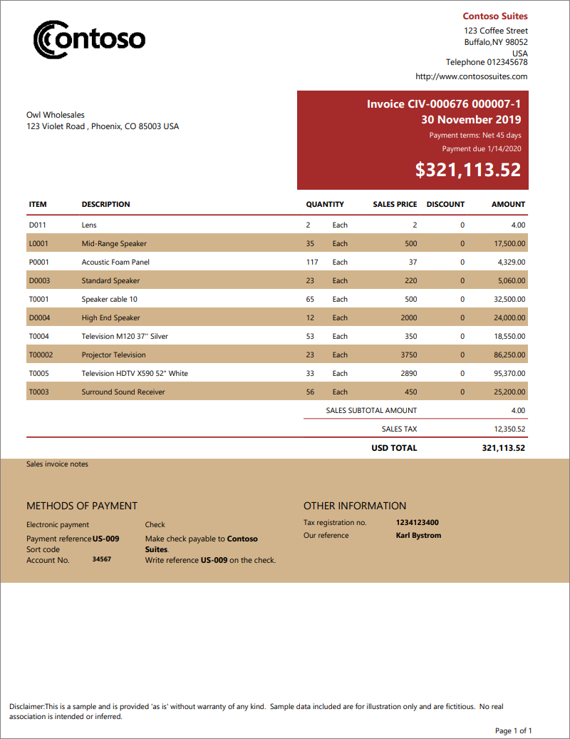 Screenshot of sample Power BI paginated report invoice.