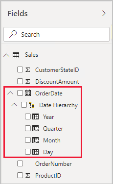 Example of the Fields pane, with the Sales table expanded open. It contains an OrderDate field, adorned with the calendar icon. It's expanded open and contains a hierarchy named Date Hierarchy. It, too, is expanded and contains four levels: Year, Quarter, Month, and Day.