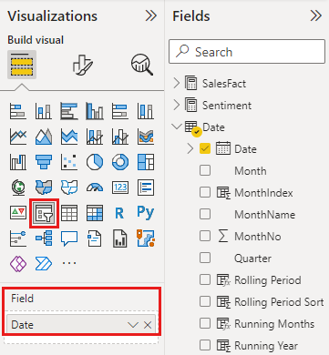 Screenshot of the Visualizations pane with the slicer visual icon and the Field well called out.