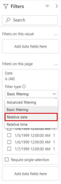 Screenshot showing the Relative date option highlighted in the Filter type drop-down.
