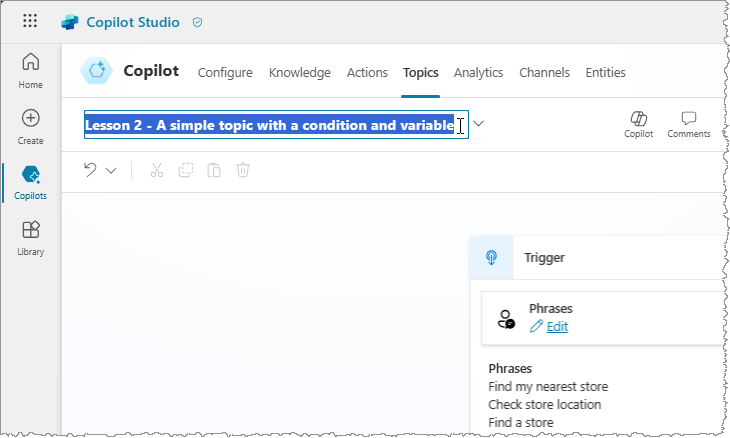 Screenshot of the topic authoring canvas with the topic name highlighted.
