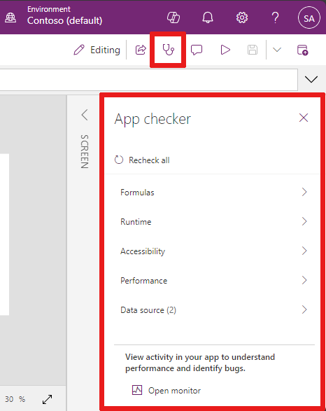 Screenshot that shows where the App checker app action is located and its menu contents.