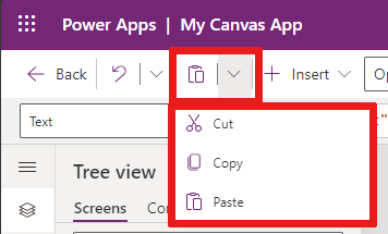Screenshot that shows where the cut, copy, and paste controls are located in the command bar.