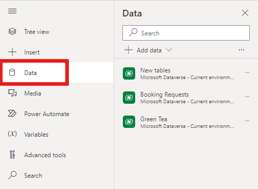 Screenshot that shows where the Data section is located from the authoring menu. You can add data here.