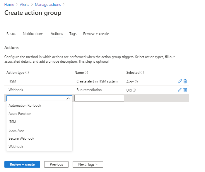 Screenshot that shows the Actions tab of the Create action group dialog. Several options are visible in the Action type list.