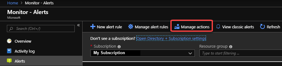 Screenshot of the Alerts page in the Azure portal with the action groups button highlighter.