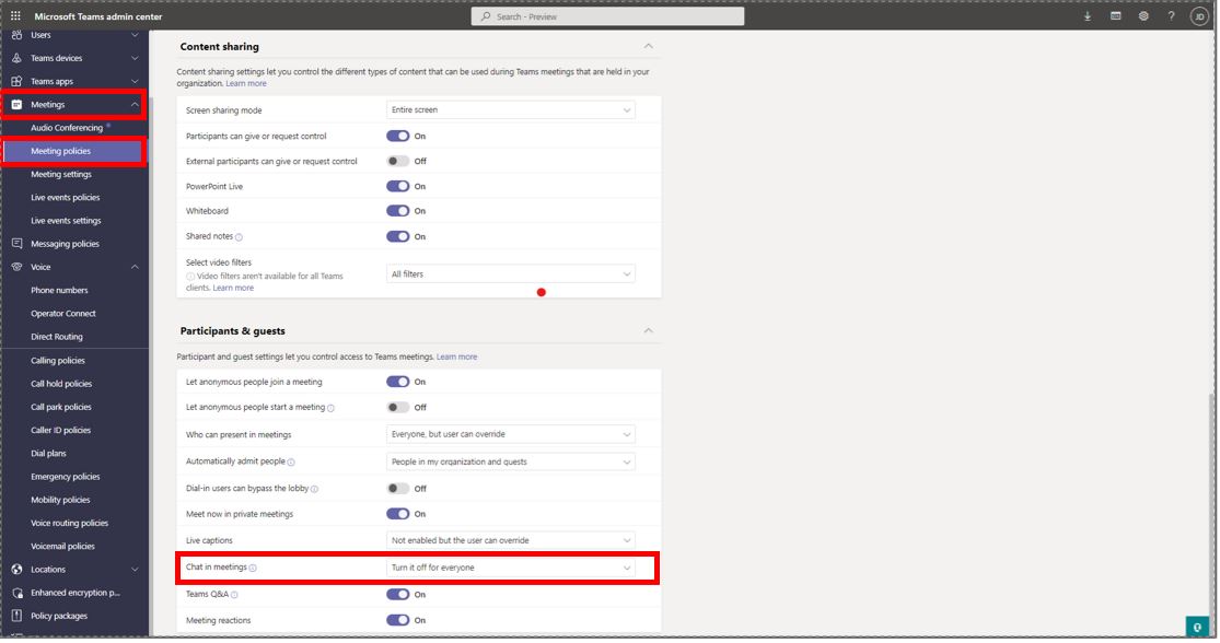 Screenshot of Microsoft Teams admin center with Allow chat in meetings field highlighted.