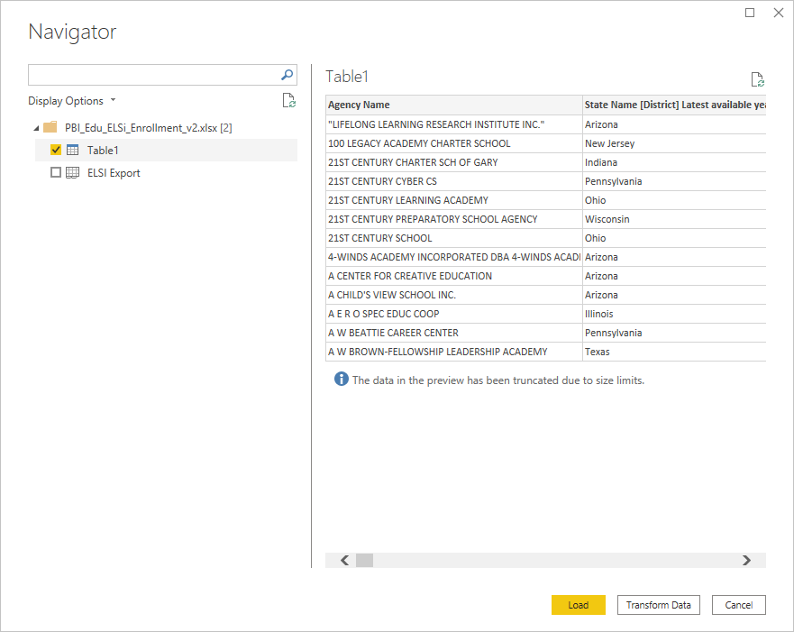 Excel data source, Navigator dialog box, Get Data, Power BI Desktop