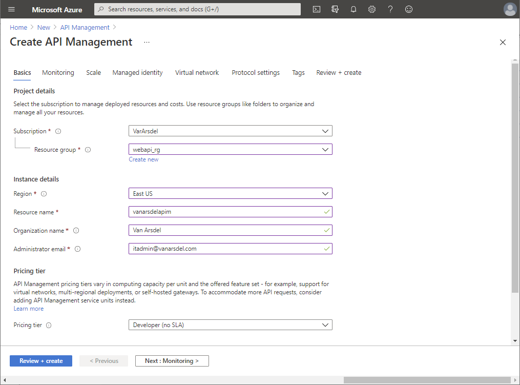 New API Management Service page.
