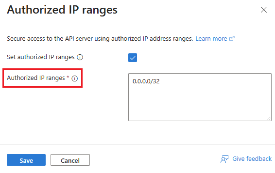 This screenshot shows the cluster resource's update authorized IP ranges Azure portal page.
