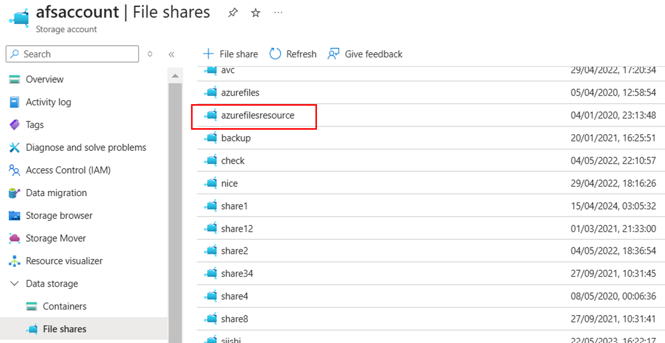 Screenshot shows the File shares list.