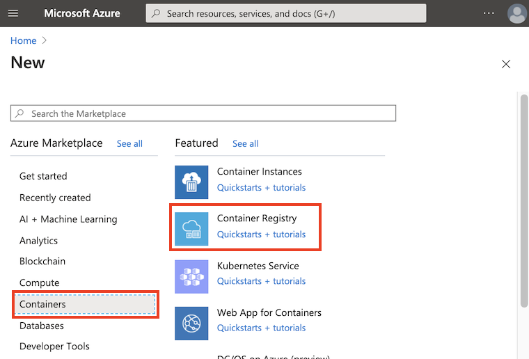 Creating a container registry in the Azure portal