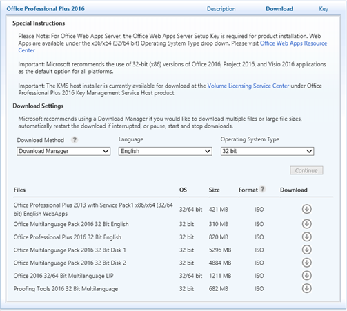 Screenshot showing available language pack downloads for Office Professional Plus 2016.