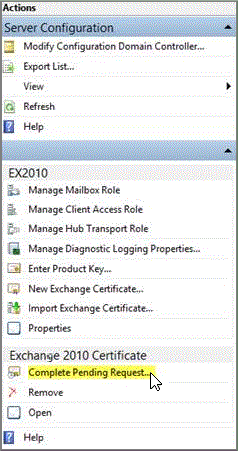 Select Complete Pending Request for the Exchange 2010 certificate.