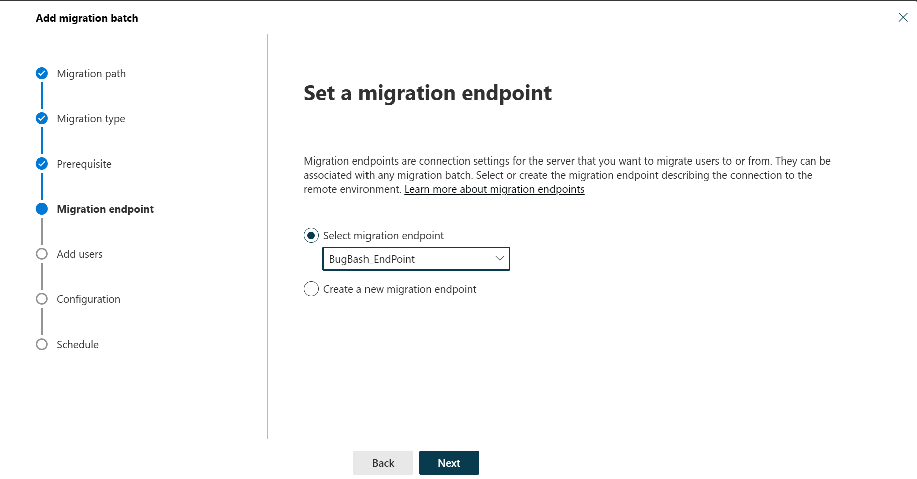 Screenshot of the fourth step of the migration batch wizard with an existing migration endpoint selected.