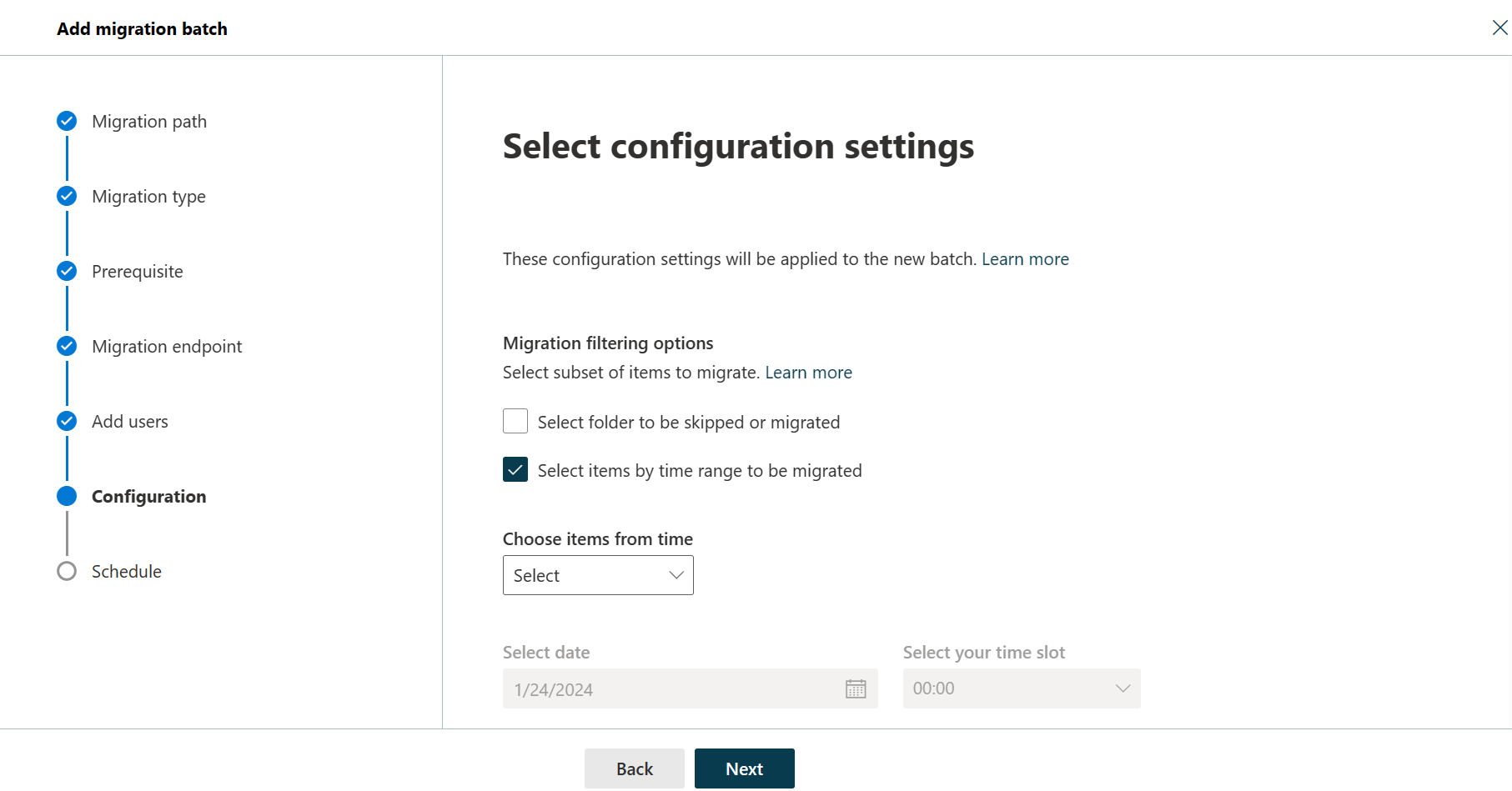 Screenshot of the sixth step of the Add migration batch wizard showing filtering options.