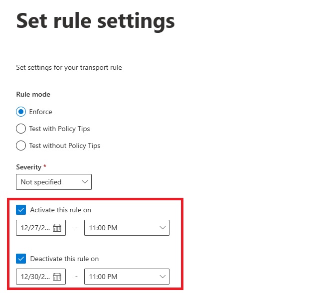 Screenshot of rule showing a time limit.
