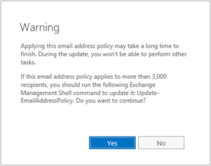 Warning that appears after you apply or remove an email address policy.