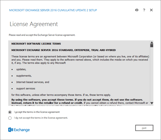 Exchange Setup, License Agreement page.