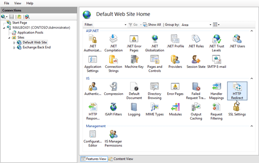 In IIS Manager, select the default website, and then select HTTP Redirect.