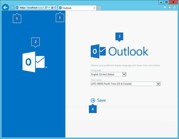 Outlook on the web language selection page with element call-outs.