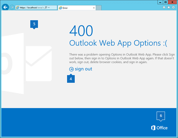 Outlook on the web error page with element call-outs.