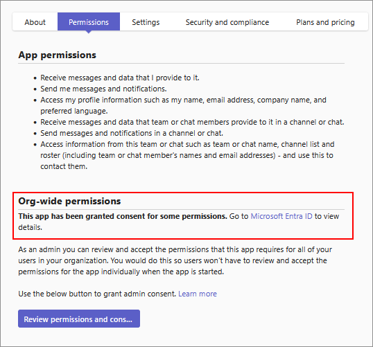 Screenshot showing the link to Microsoft Entra admin center after granting consent to Graph permissions.