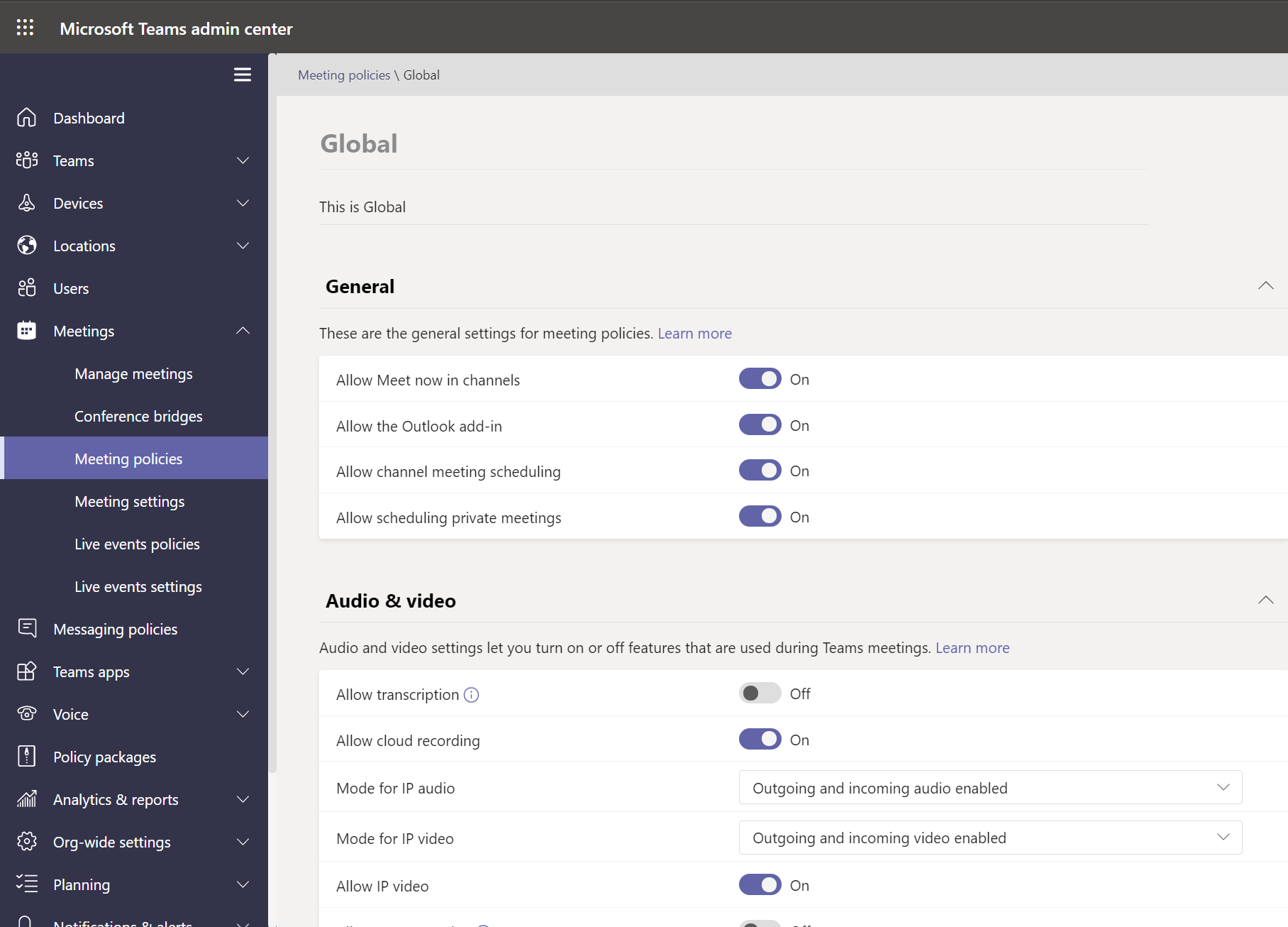 Update global policy in Teams admin center.