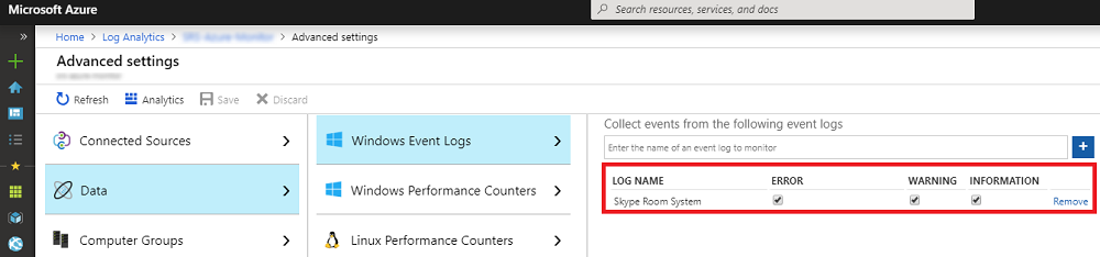 Screenshot of event log settings.