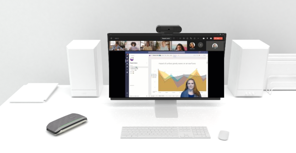 Rendering of a personal PC setup with a personal speaker and Teams running on the desktop.