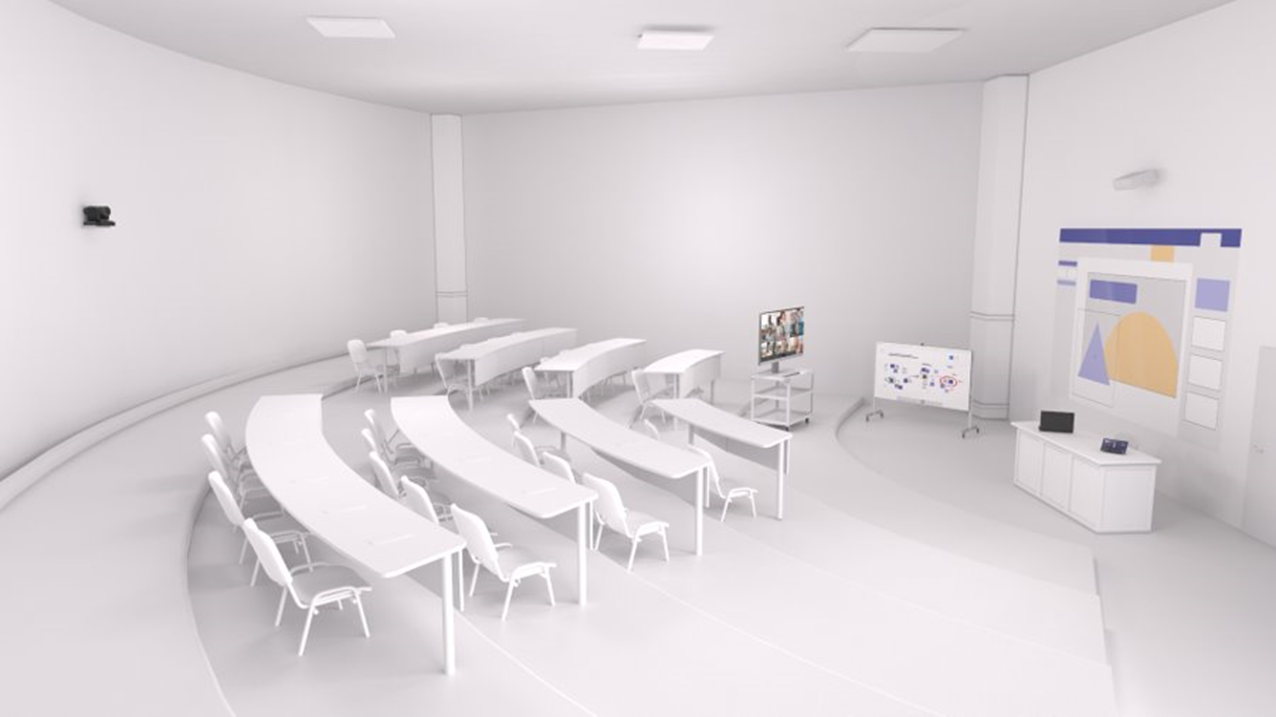 Rendering of a lecture hall equipped with Teams devices.