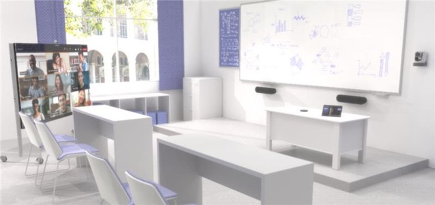 Rendering of a classroom equipped with Teams devices.