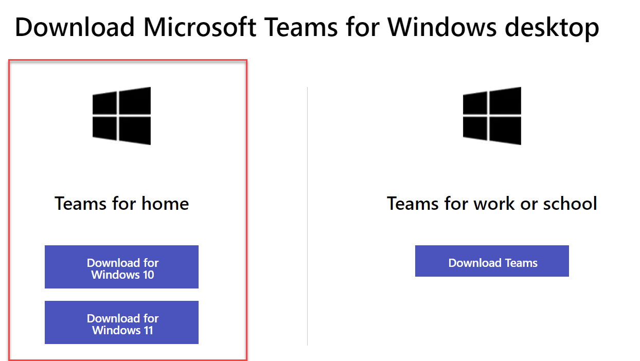 Screenshot of Teams for home download option