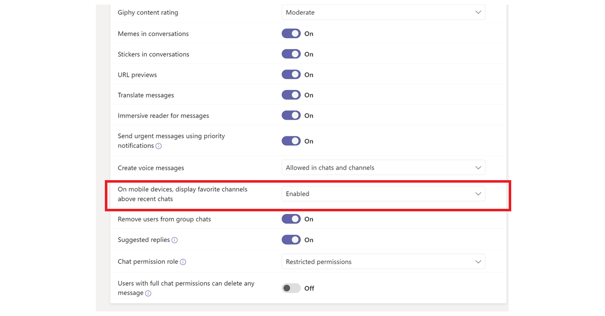 Screenshot that shows the setting to display favorite channels setting in admin center enabled.