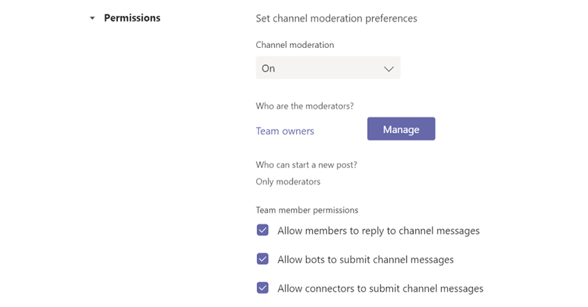 Screenshot that shows the page in which you can define the preferences for Teams Channel Moderation.