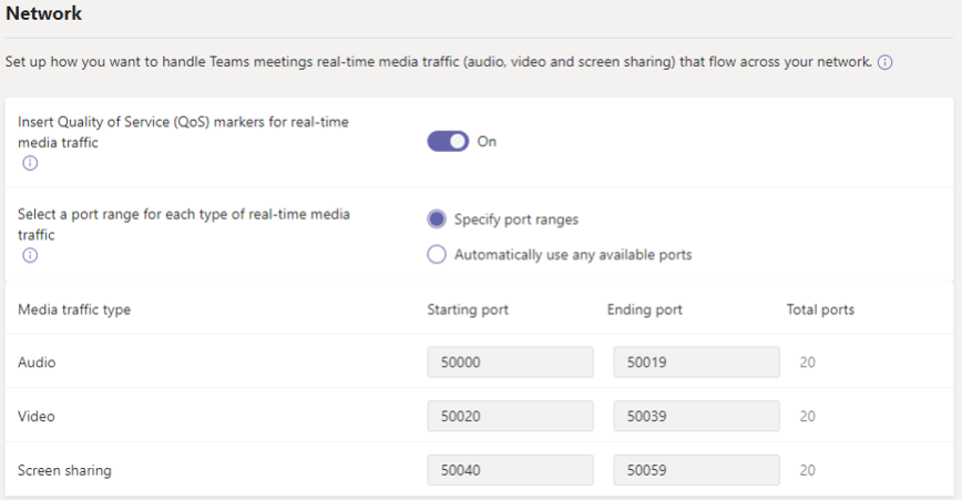 Screenshot of the network settings for meetings in the admin center.