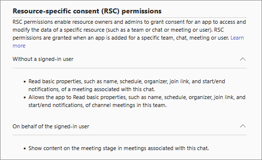 Screenshot showing an example of RSC permissions of an app in the Permissions tab.