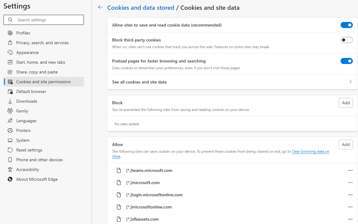 Screenshot of Settings window in edge, showing options under the Cookies and site permissions item and sites added.