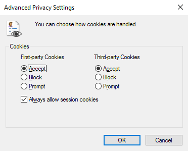 Screenshot of Advanced Privacy Settings dialog. First and Third party Cookies are selected as accept, and Always allow session cookies is checked.