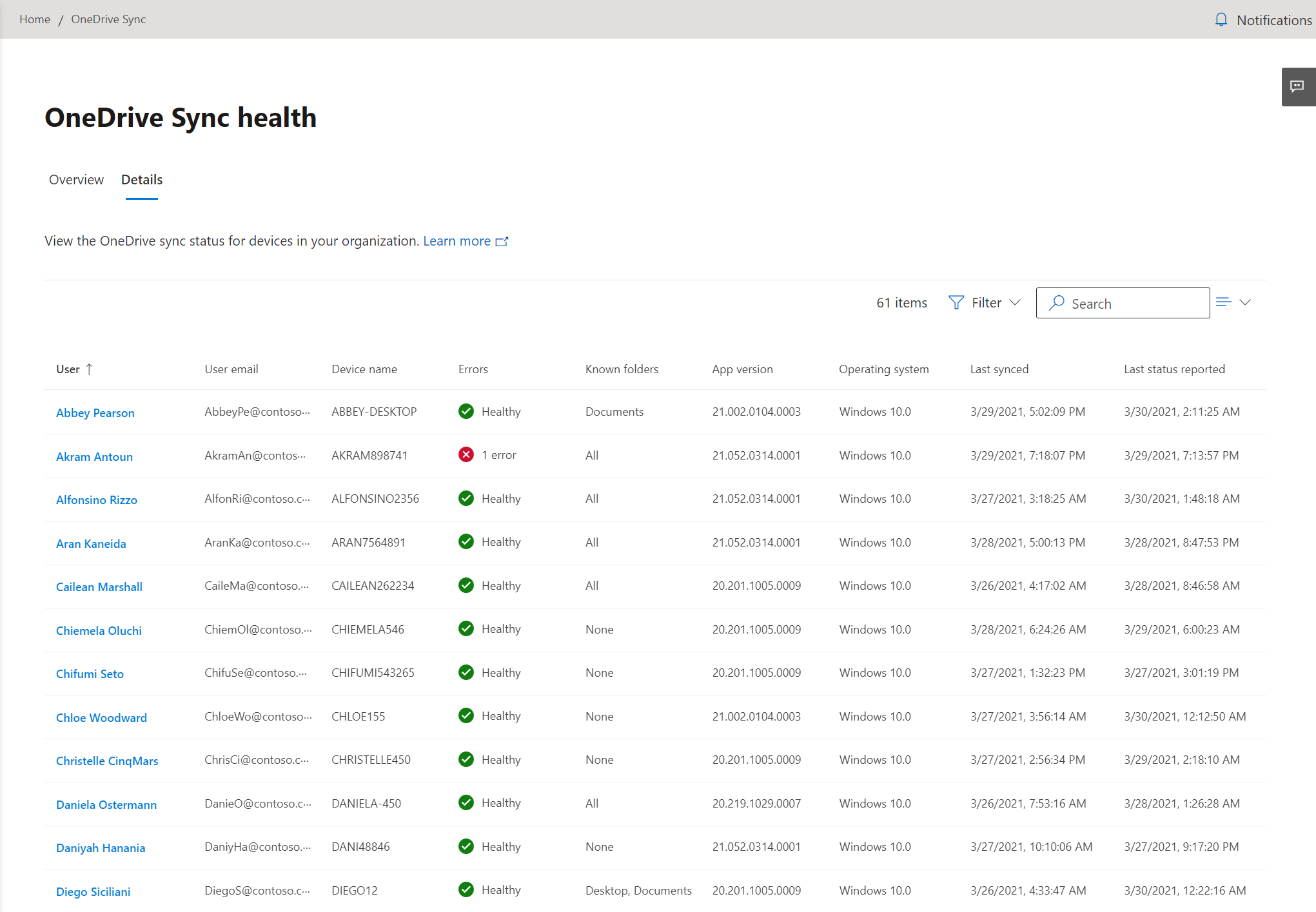 Screenshot of OneDrive sync health details tab.