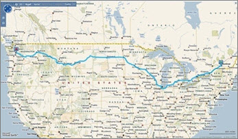Map showing the route from Seattle to Montreal.