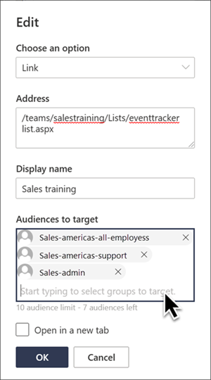 Screenshot of the audience targeting feature in SharePoint site navigation.