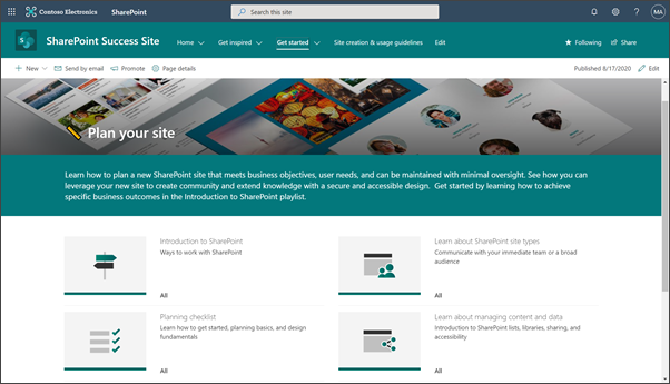 Image of the SharePoint Success Site landing page, named Plan your site.