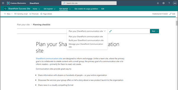 Image of the SharePoint Success Site landing page, close up of the content controls